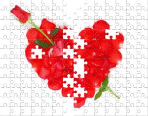 Long stem red rose and red rose petals in heart shape jigsaw puzzle